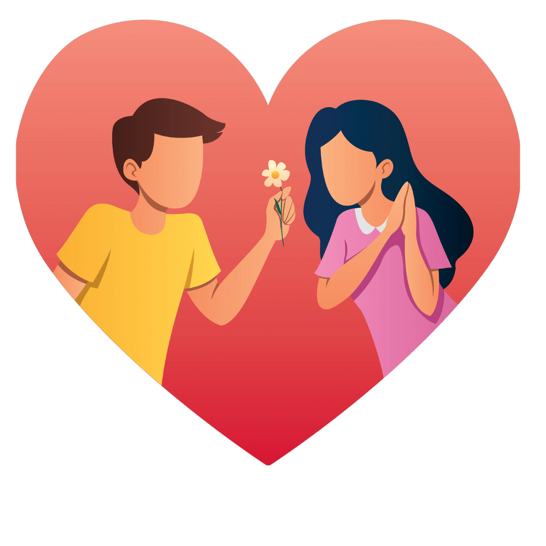 Inde i et hjerte er der en dreng, der giver en pige en blomst.